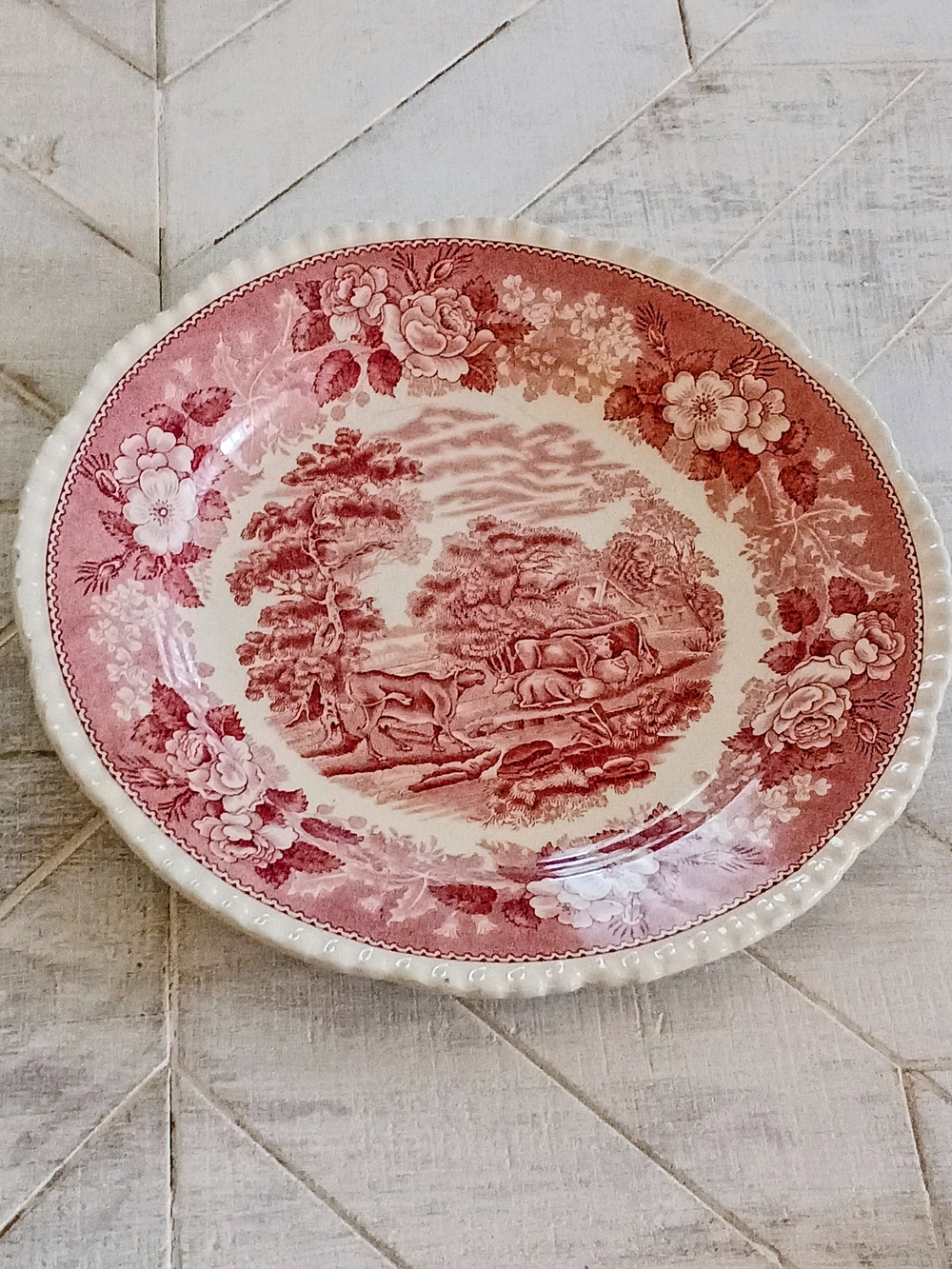 Adams Pink Transferware Serving Bowl with Floral & Pastoral Scene